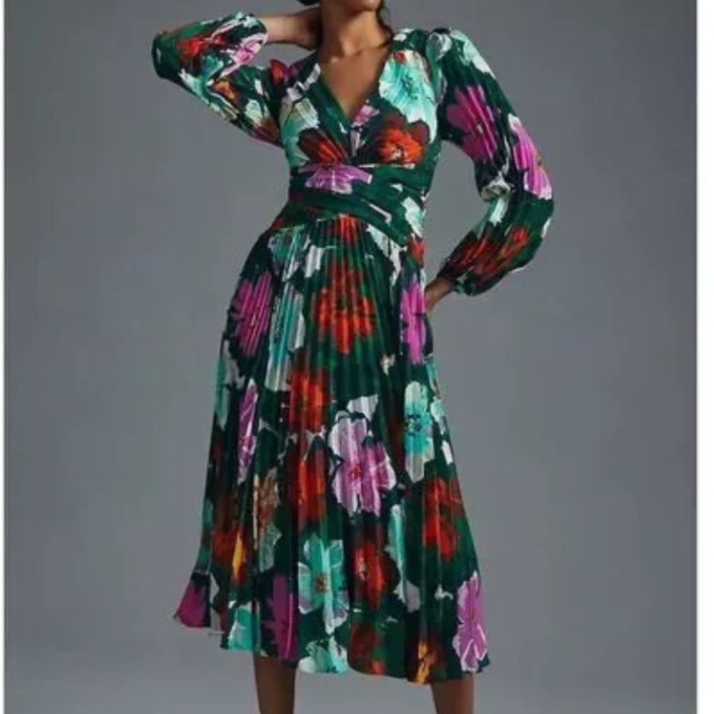 Anthropologie Pleated Green Floral Midi Dress